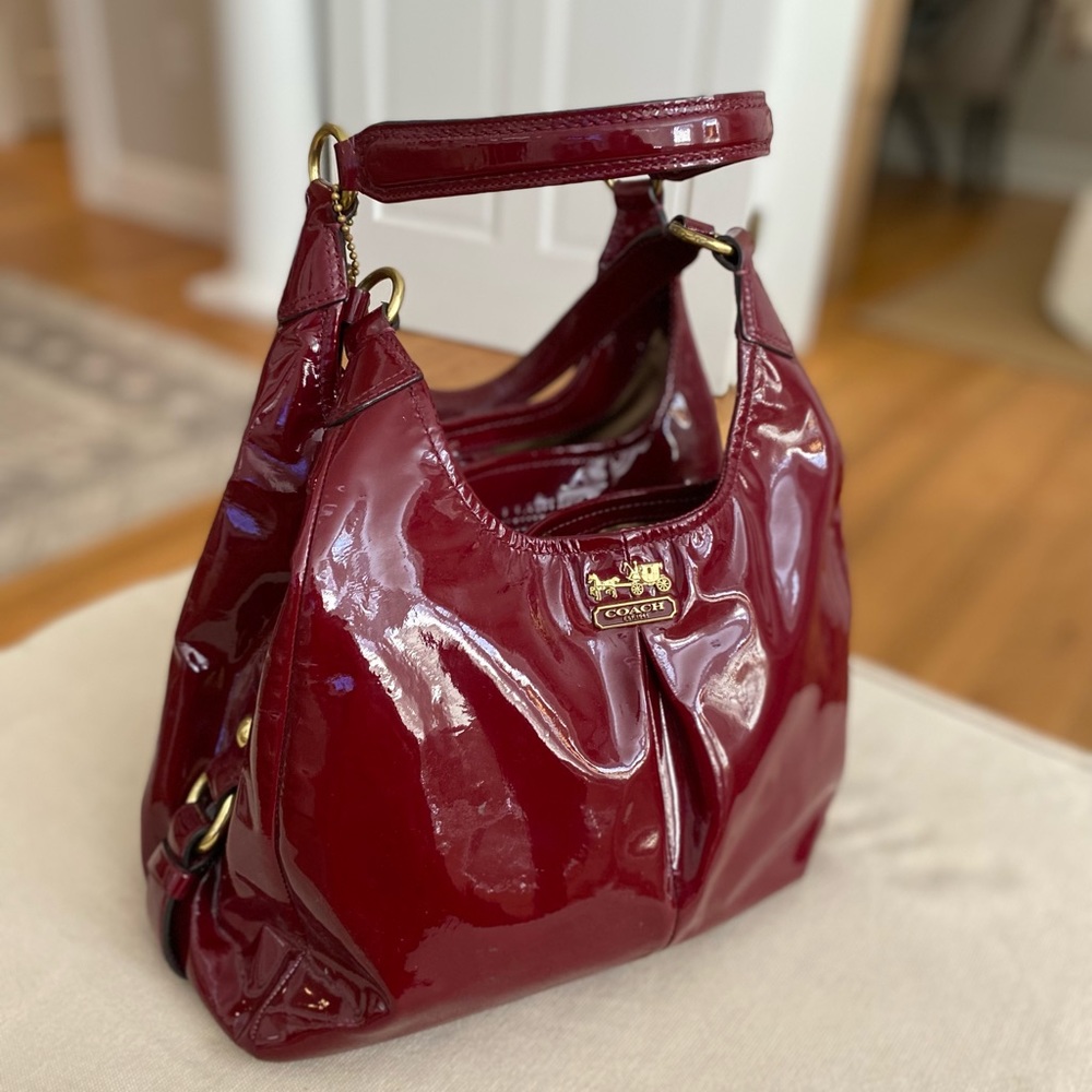 Coach Patent Leather Hobo Bag in Metallic Burgundy